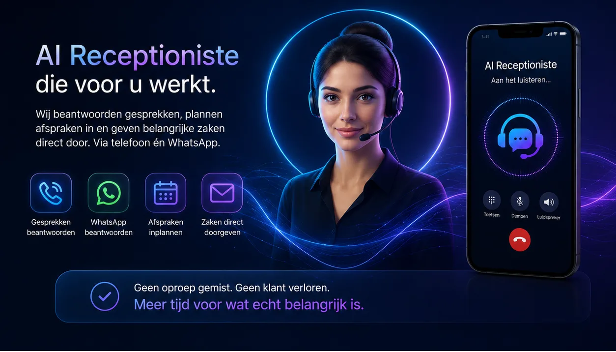 AI-receptioniste die telefoon- en WhatsApp-gesprekken beantwoordt, afspraken inplant en zaken direct doorgeeft